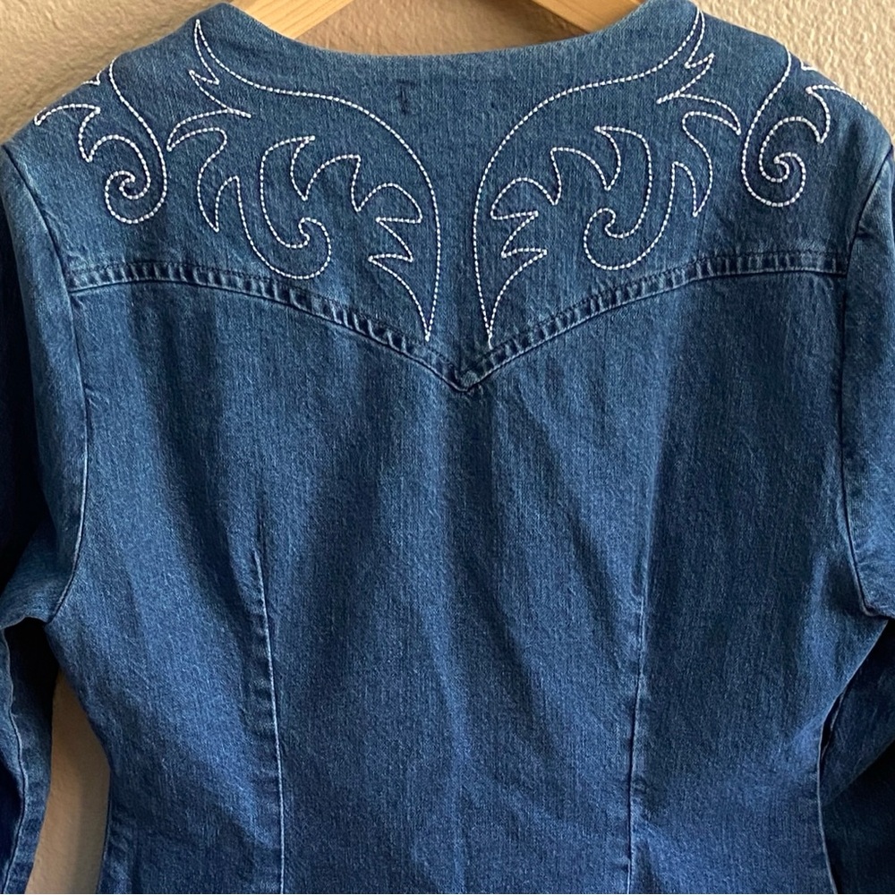 Dress - Avec Les Filles - Blue Denim - Western Boot-Like Embroidered Stitching - Picture 3 of 11